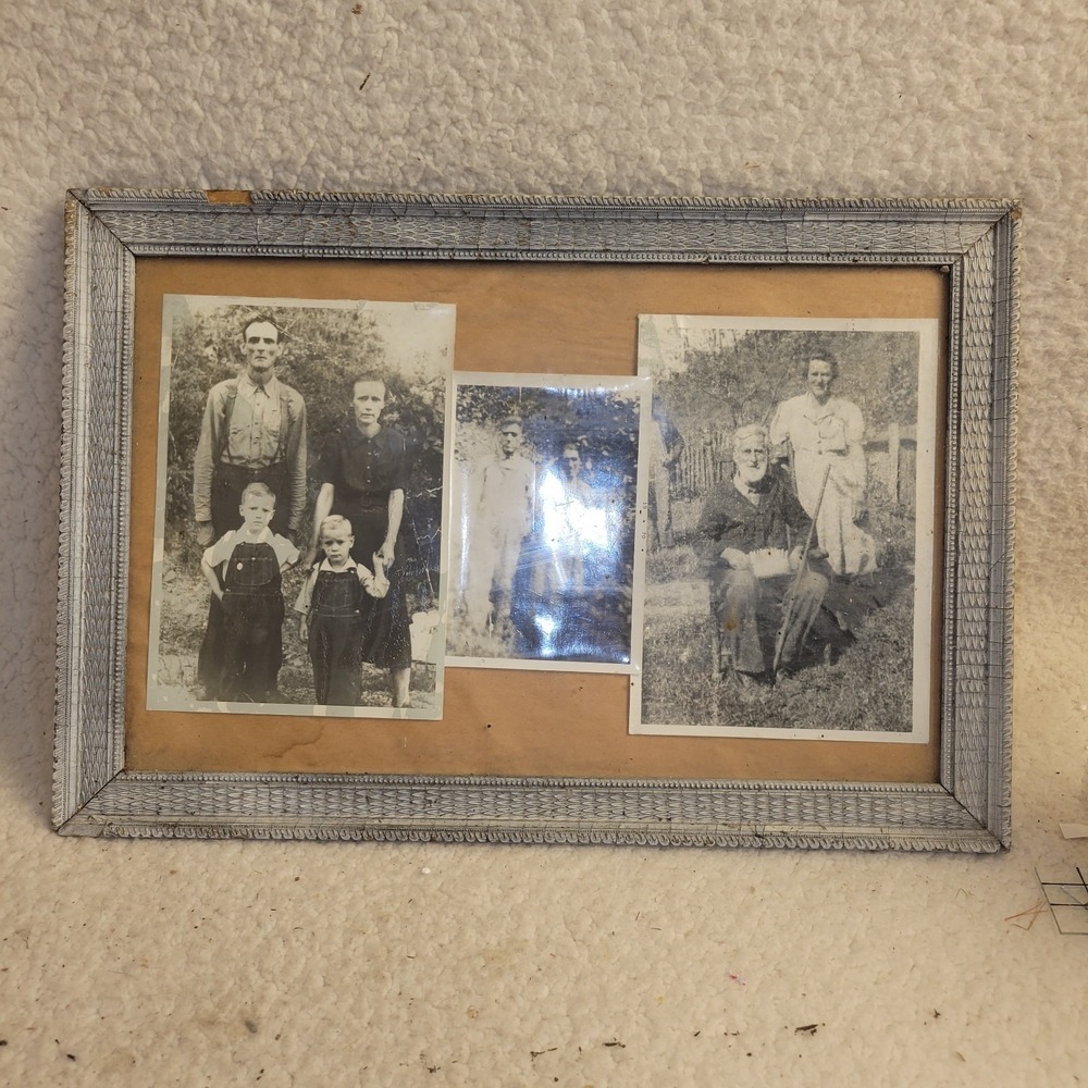 Antique 1920s Framed Black & White Farm Family Photos Silver Painted Wood Frame